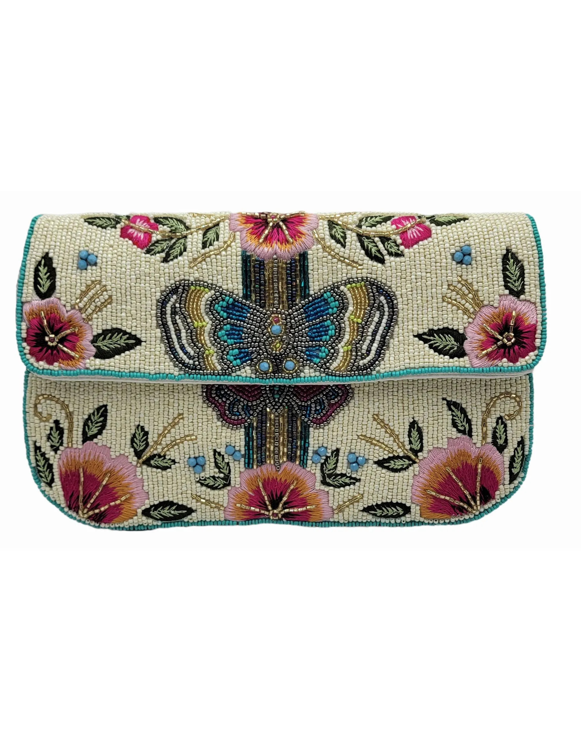 Butterfly & Pink Florals Beaded Clutch