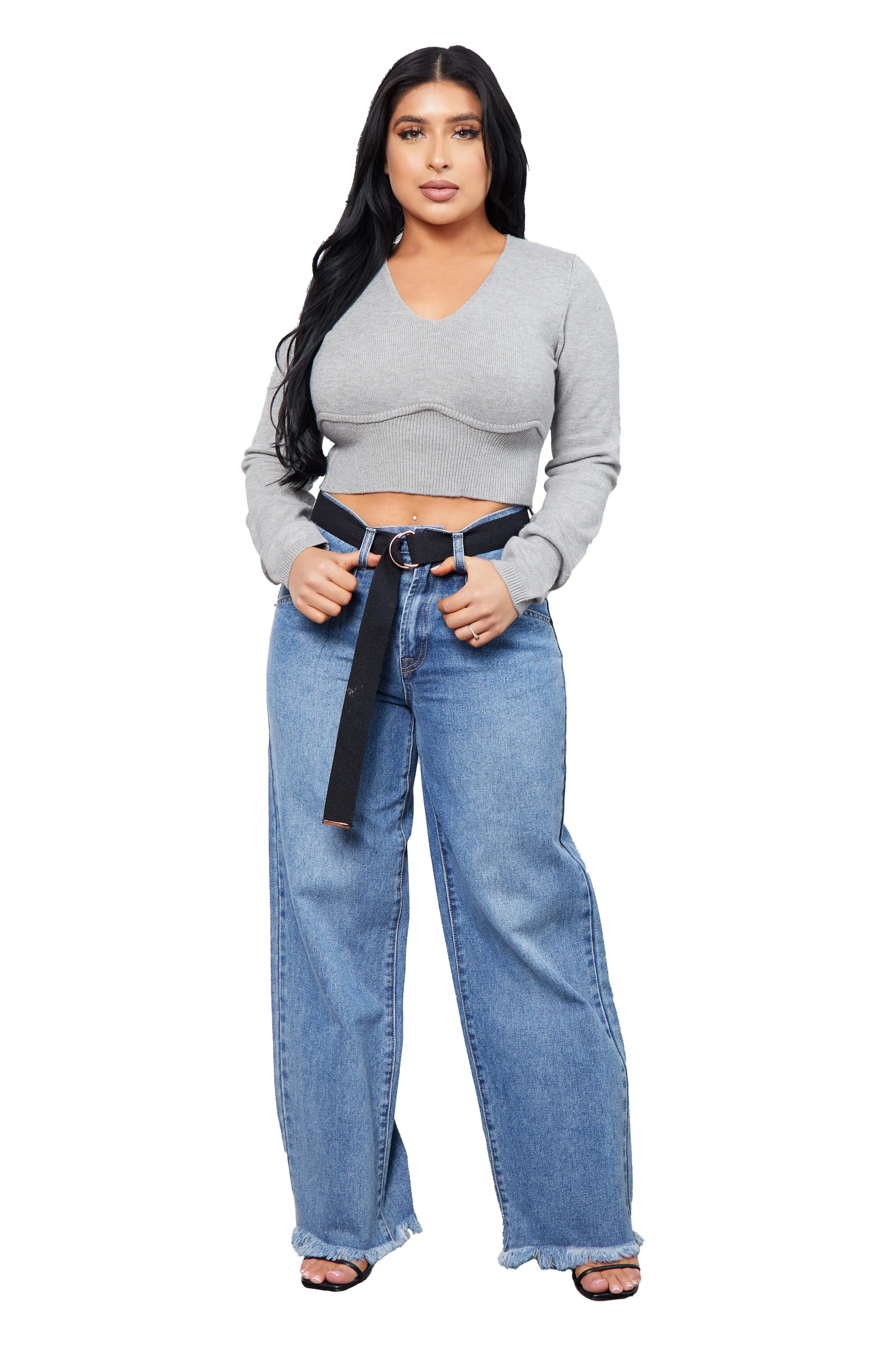 Denim Skater Jeans with Pleats, Raw Hem and Skater Belt