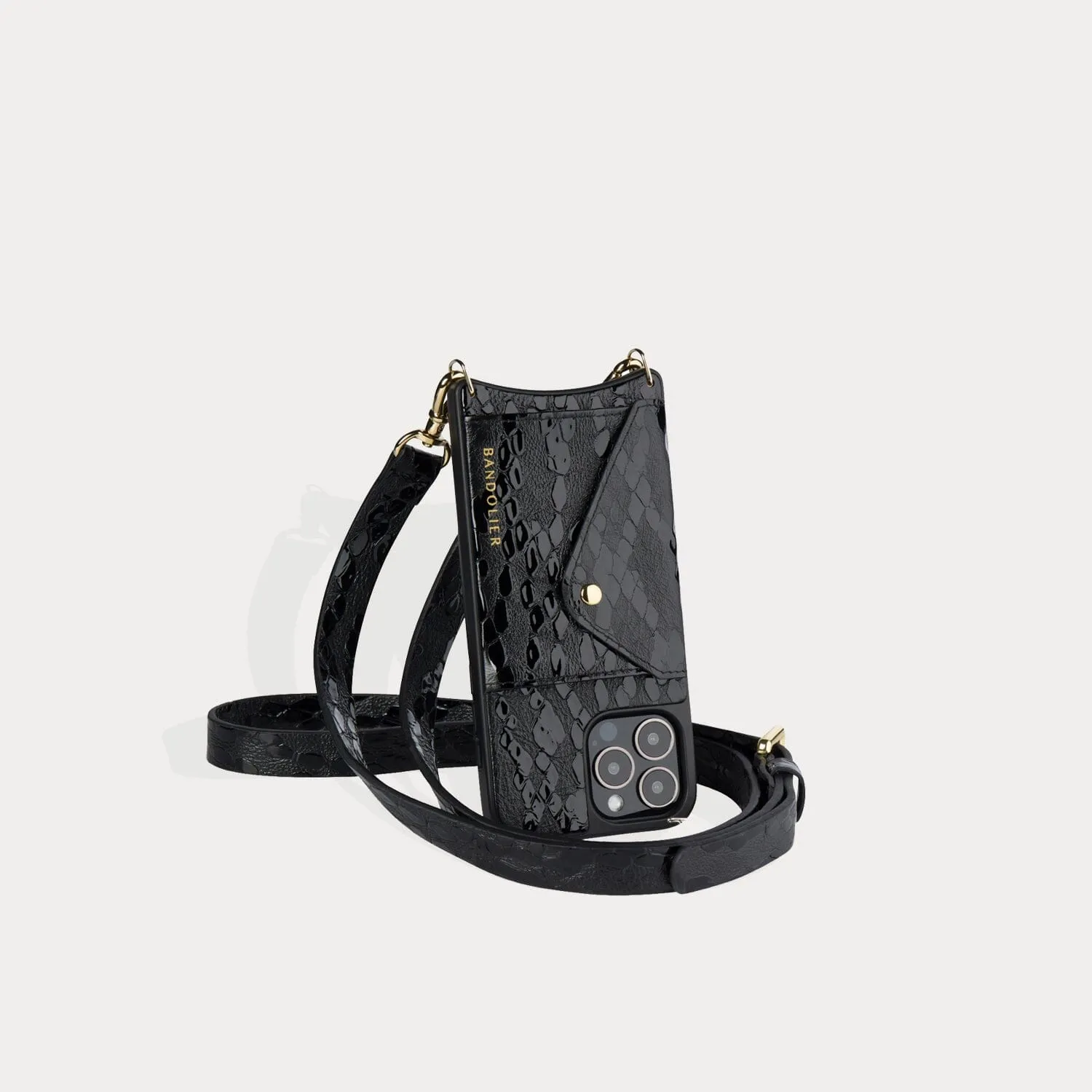 Hailey Side Slot Embossed Leather Crossbody Bandolier - Matte Black/Gold