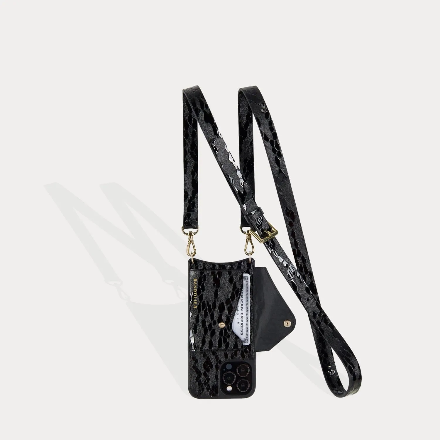 Hailey Side Slot Embossed Leather Crossbody Bandolier - Matte Black/Gold