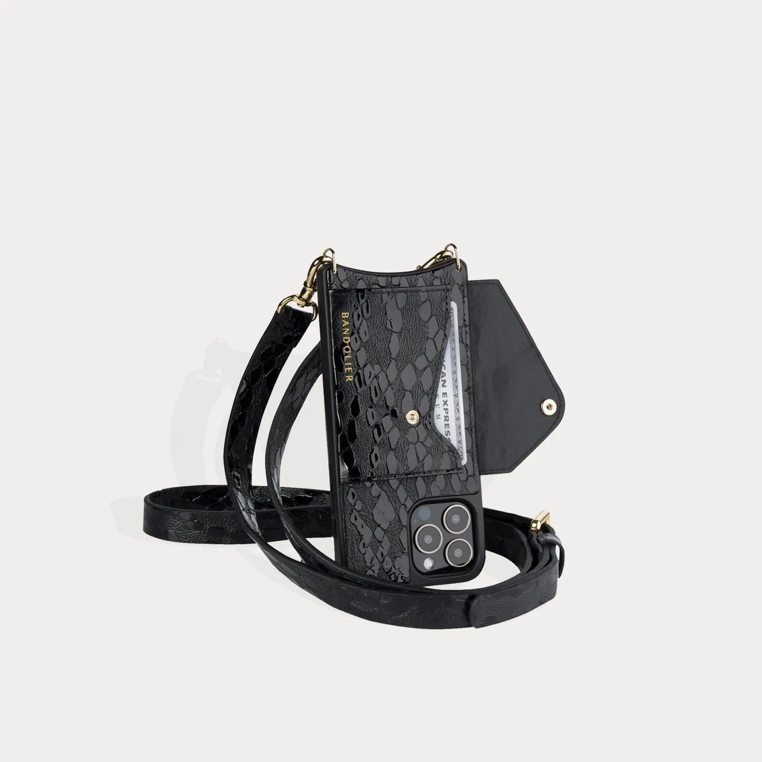 Hailey Side Slot Embossed Leather Crossbody Bandolier - Matte Black/Gold