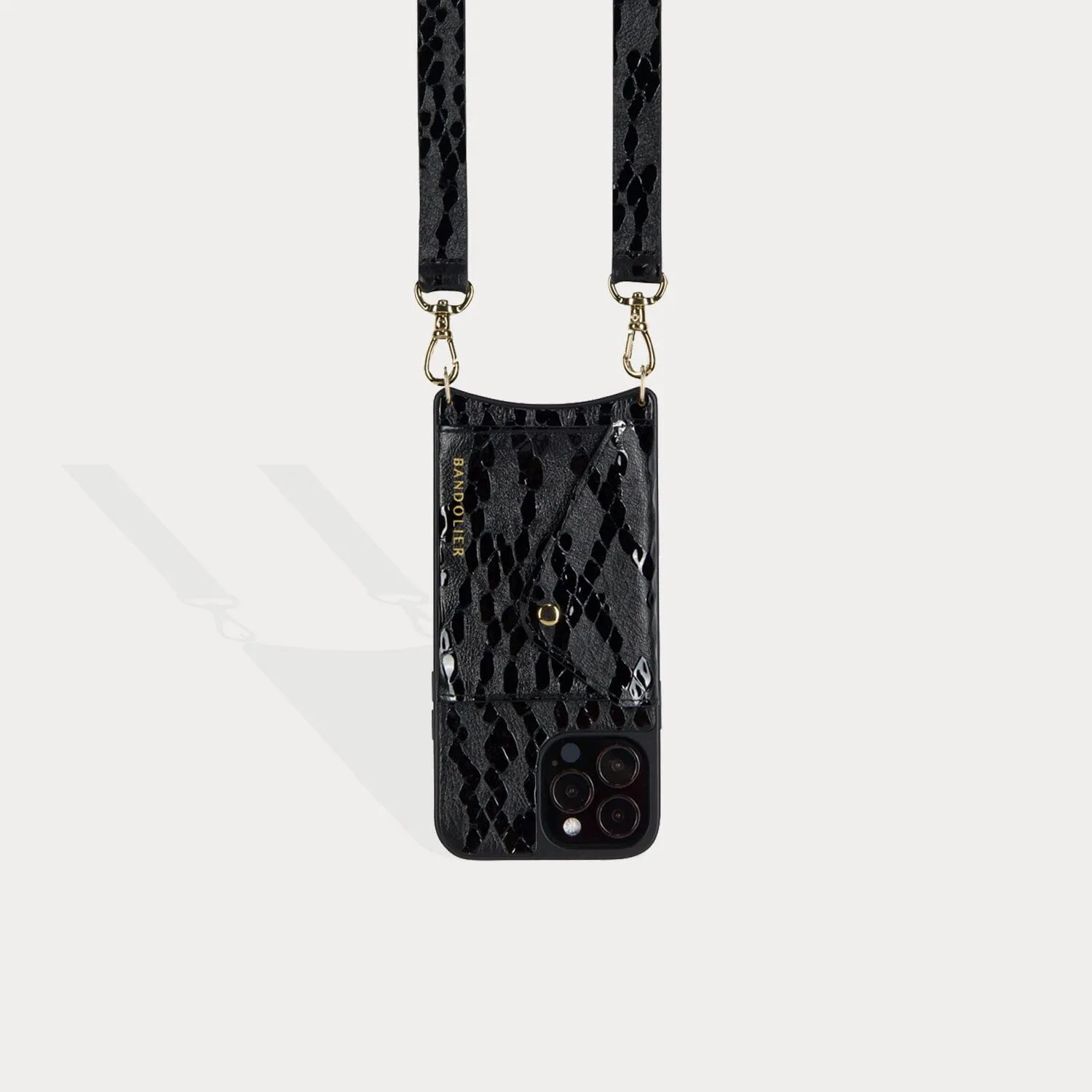 Hailey Side Slot Embossed Leather Crossbody Bandolier - Matte Black/Gold