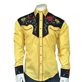 Men's 2-Tone Black & Gold Floral Embroidery Western Shirt