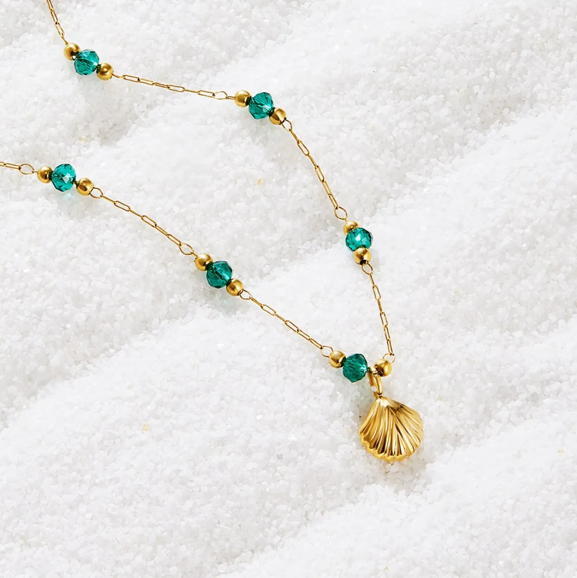 Nerissa Gold Shell & Green Bead Necklace