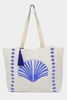 Shell Embroidered Jute Bag | Blue