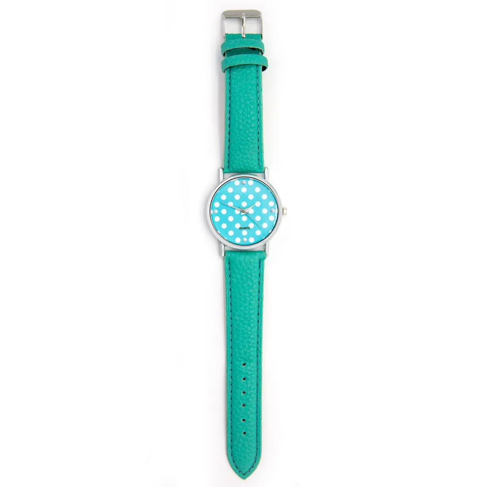 Turquoise Leatherette Strap Watch With White Polkadot Face